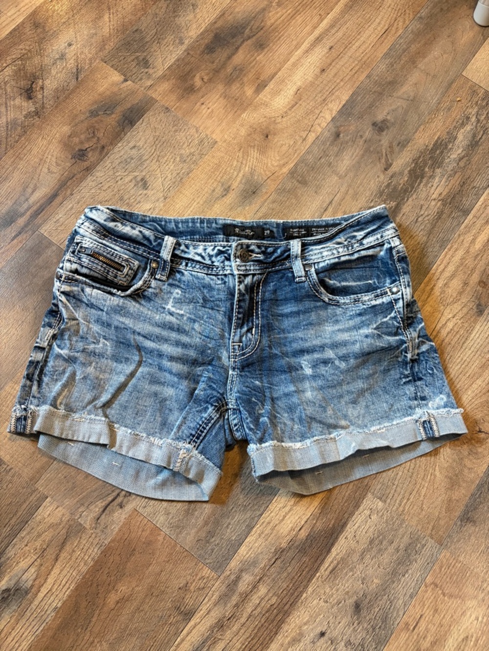 Miss Me Distressed Rolled-Hem Denim Shorts - Blue